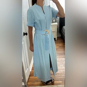 Blue Maxi Wrap Dress with Cuffed Sleeves